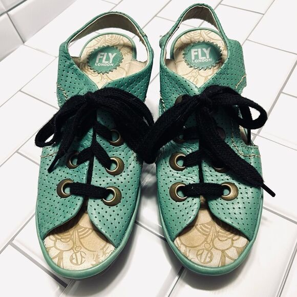 Fly London Ylva Platform Sandals Wedge Sling Back Lace Up Sea Foam Green Size 39 - Picture 2 of 15